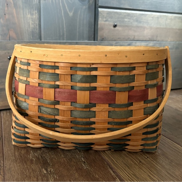 Oval Basket with Handle in Natural Brown, Green & Red/Maroon Colors - Picture 2 of 6